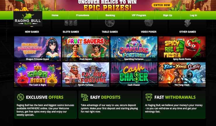 A snapshot of Raging Bull, one of our top rated online casinos.